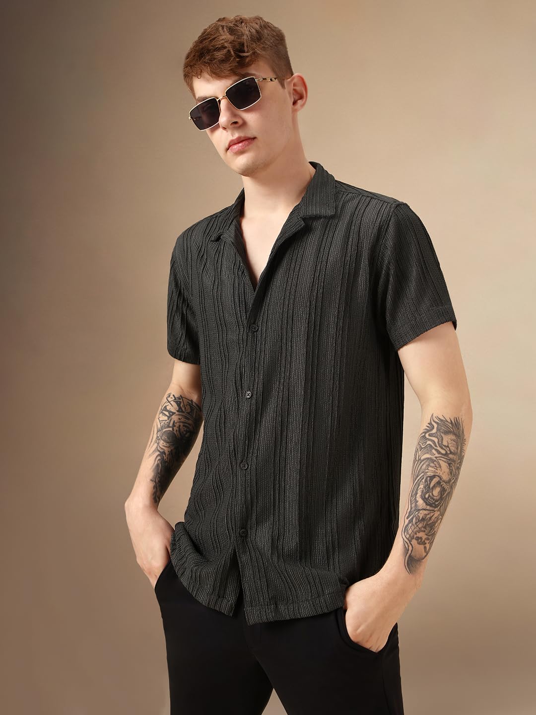 Dennis Lingo Men Navy Blue Poly Seersucker Half Sleeve Shirt Collar Stripes Shirts