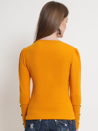 POPWINGS Casual Solid Puff Button Long Sleeves Tops for Women || Summer Round Neck Tops for Women || Stylish Western Top for Jea