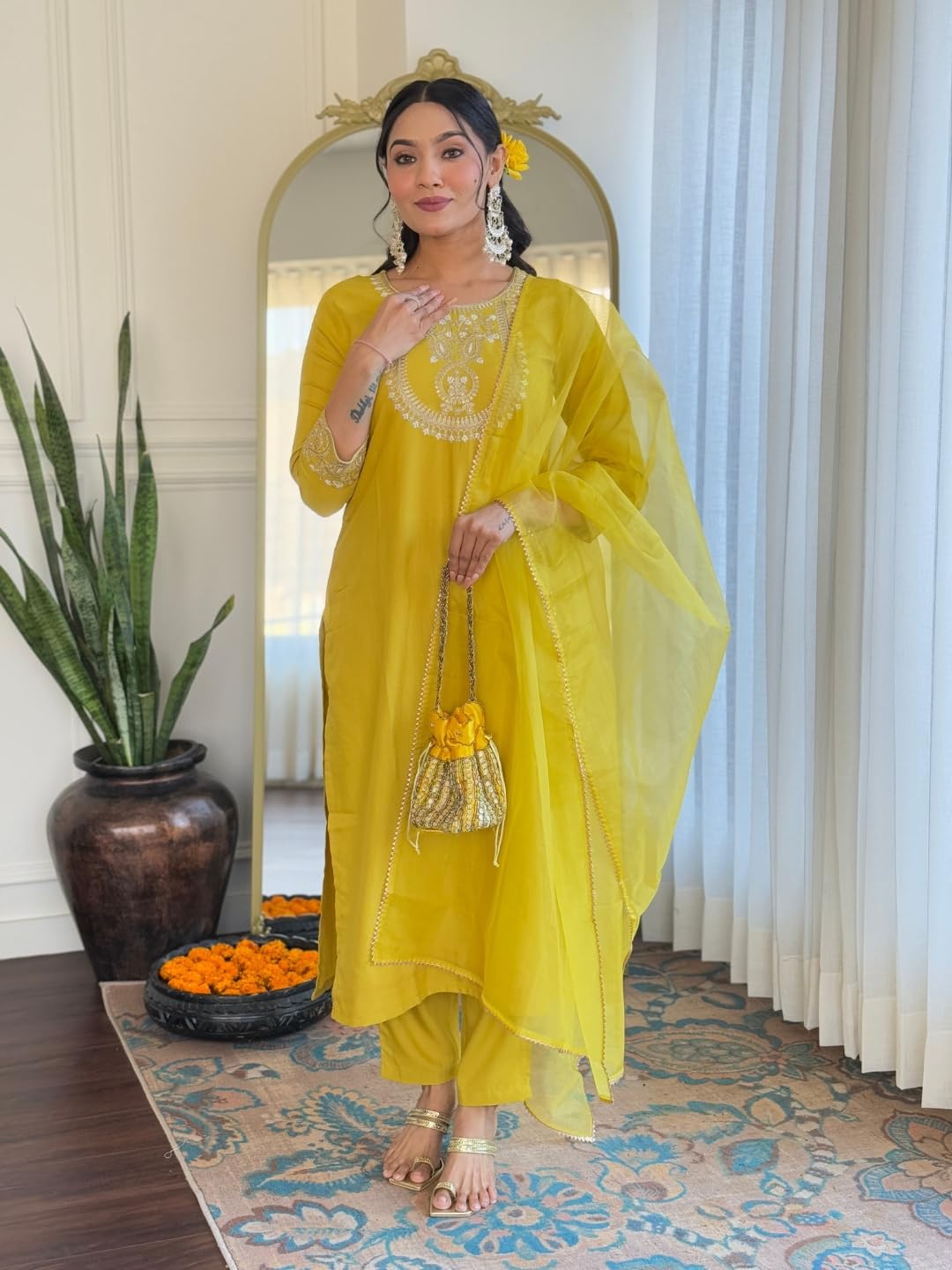Naixa WomenS Lemon Yellow Rayon Slub Embroidered Straight Kurta With Rayon Slub Pant And Organza Laced Dupatta Sets (Nx-596-Lem