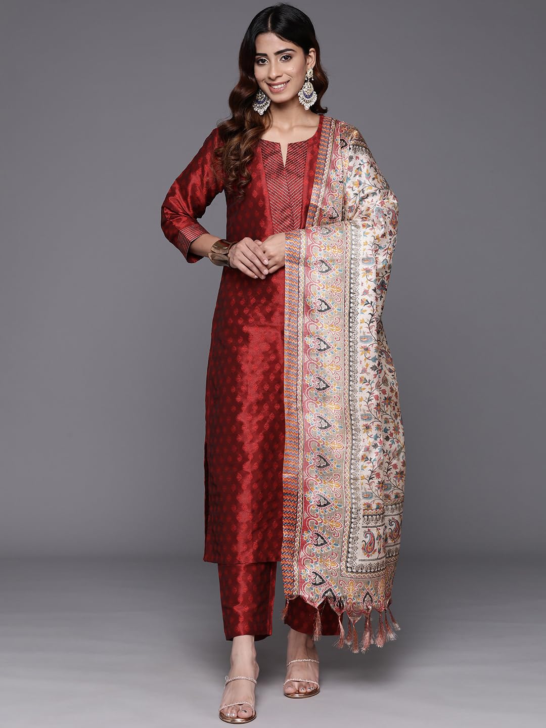 Varanga Women Maroon Woven Zari Embroidered Straight Kurta With Bottom And Dupatta, Round Neck, Zari Work At Placket, Three-Quar