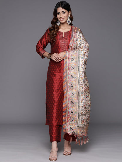 Varanga Women Maroon Woven Zari Embroidered Straight Kurta With Bottom And Dupatta, Round Neck, Zari Work At Placket, Three-Quar