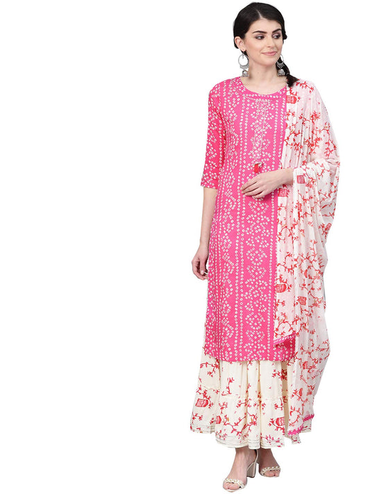 ishin Women's Pure Cotton Pink &Off White Printed & Gotta Patti A-Line Kurta suit set With Dupatta & Skirt