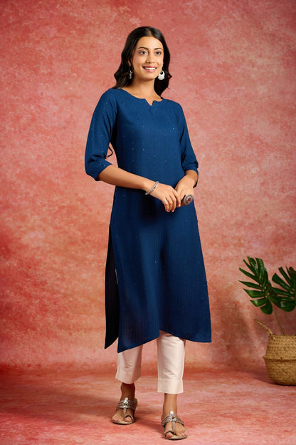 Libas Womens Viscose Rayon Embroidered Straight Kurta (26505_Blue