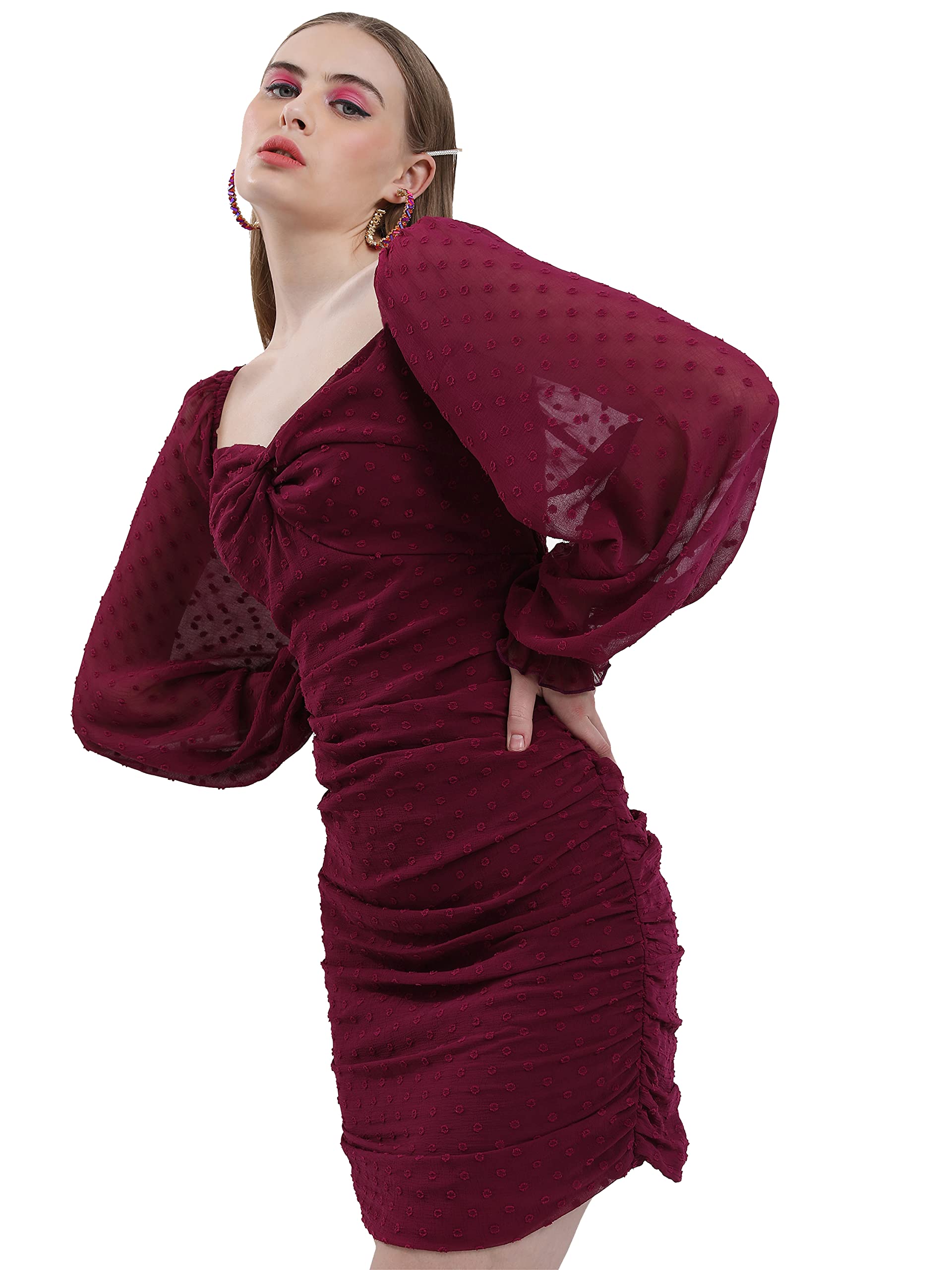 Ketch Women Polyester Modern Mini Casual Dress (Khj6000262_Burgandy, Maroon, Large