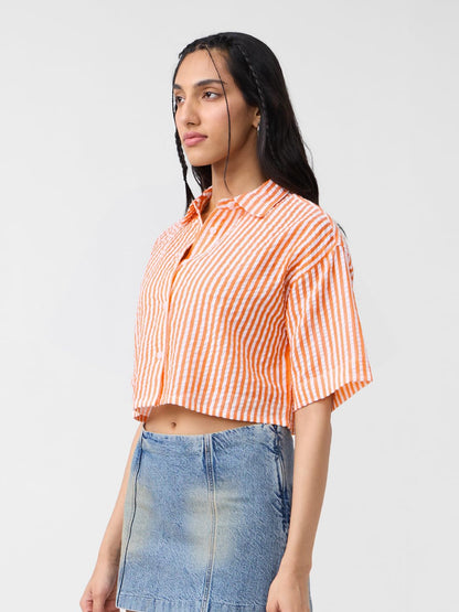 The Souled Store Tangerine Women and Girls Short Sleeves Collared Neck Button Front Striped Cotton Oversized Cropped Shirts
