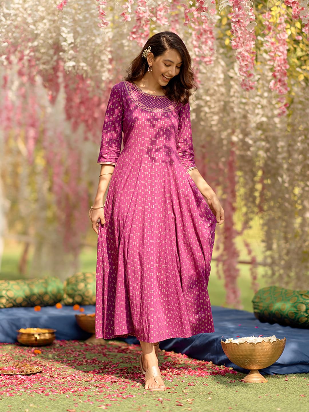 Aurelia Purple Embroidered Cotton Anarkali Kurta With Thread Work
