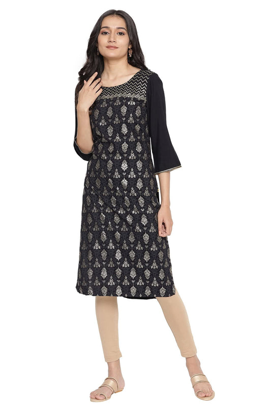 Aurelia Women's Viscose Black Ornamental Round Neck Straight Kurta