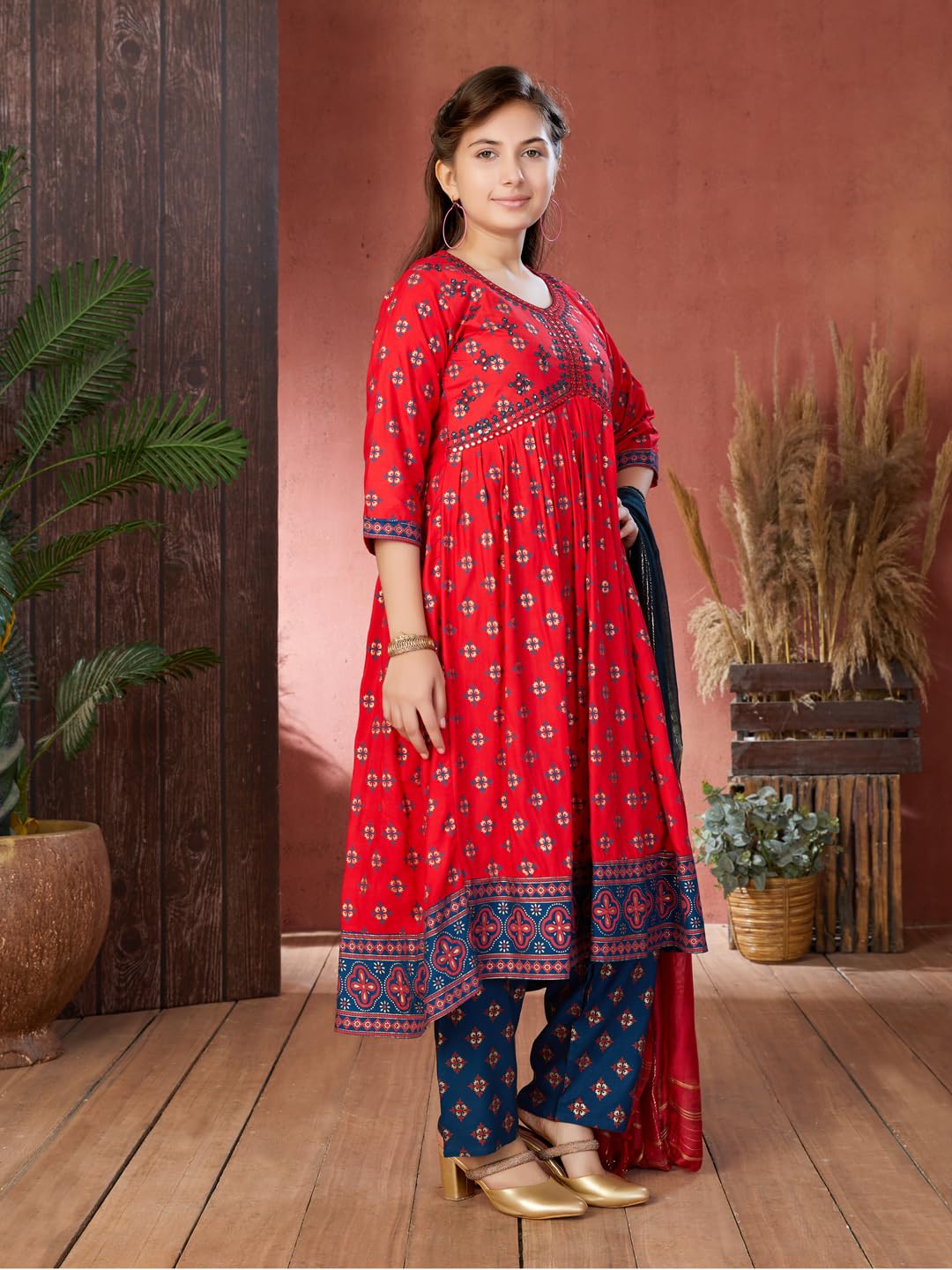 Aarika Girls Ethnic Wear Red Colour Foil Print Mirror Embroidery Rayon Kurti (9-16 Years)