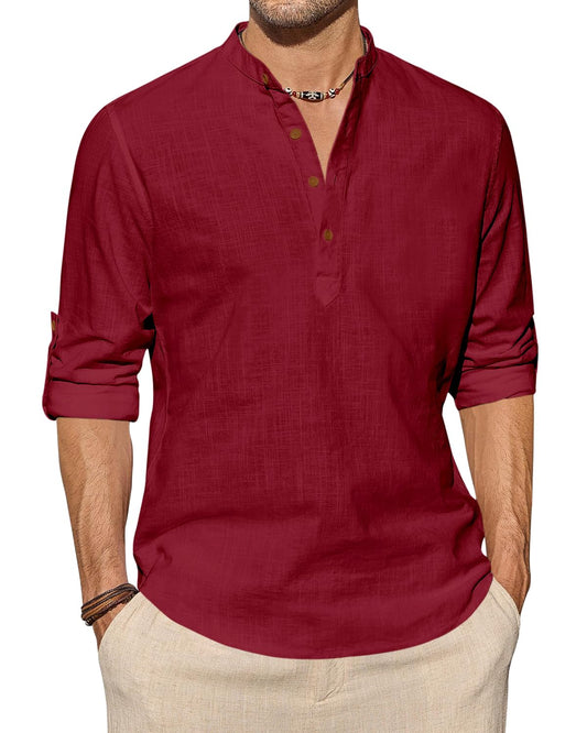 Zombom MenS Cotton Blend Solid Full Sleeve Short Kurta Shirt With Mandarin Collar Maroon