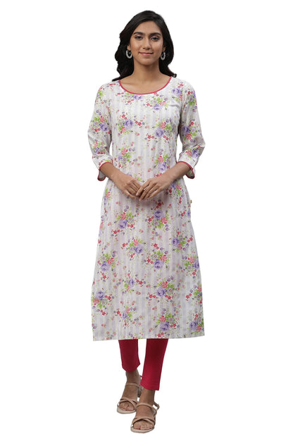 Aurelia White Floral Printed Printed Lace Cotton Straight Long Kurta