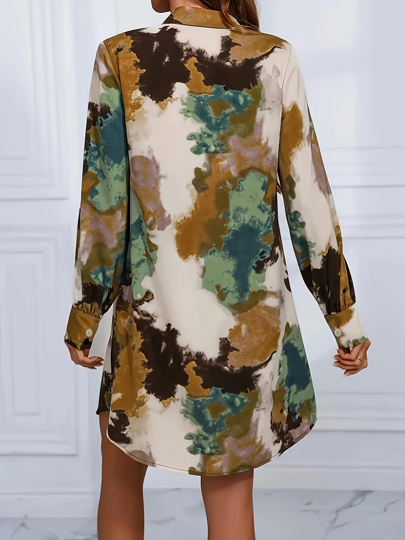 Shasmi WomenS & GirlS Green And Brown Tie Dye Print Button Front Shirt Dress, Elegant Long Sleeve Dress For Spring & Fall, Wom