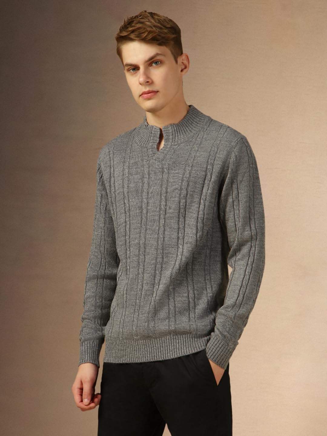 Dennis Lingo Men Black Solid Slim Fit Full Sleeve Mock Collar Pullover Sweater