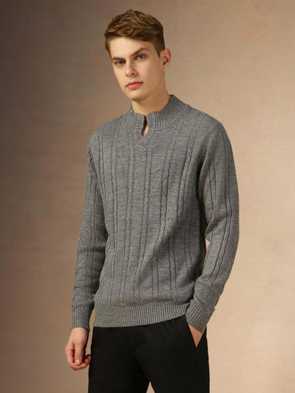 Dennis Lingo Men Black Solid Slim Fit Full Sleeve Mock Collar Pullover Sweater