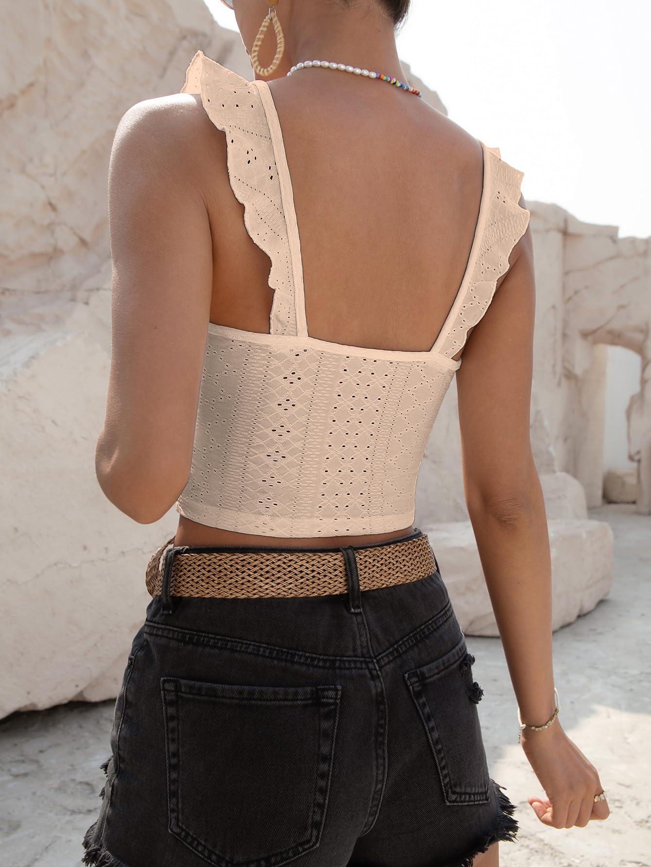 Sugathari Girls & Womens Beige Eyelet Embroidery Knitted Scoop Neck Casual Slim Fit Women T-Shirt, Sleeveless Schiffli Crop To