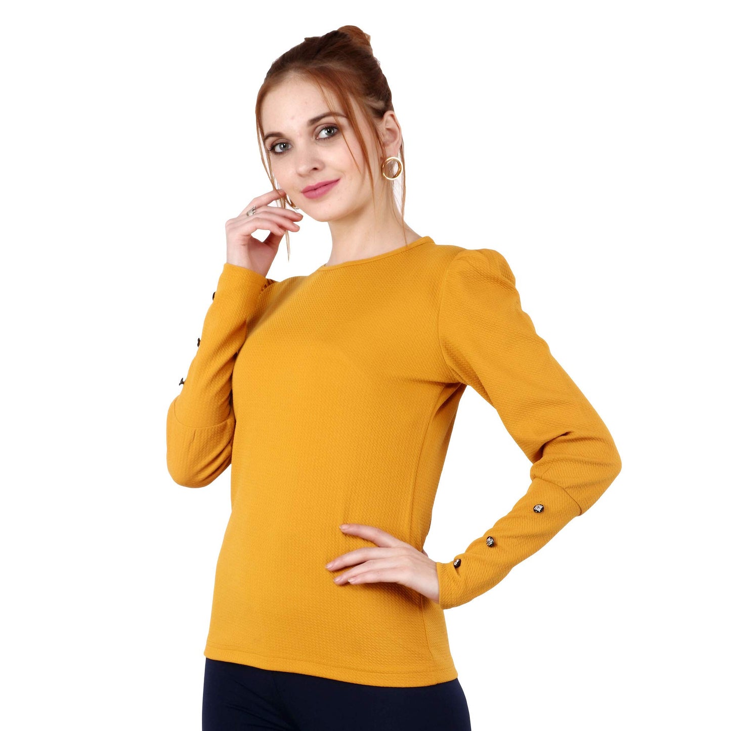 POPWINGS Casual Solid Puff Button Long Sleeves Regular Fit Tops for Women || Summer Round Neck and Stylish Western Mustard Top f