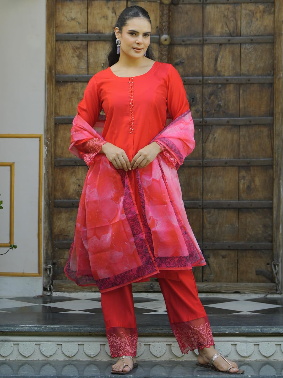 Libas WomenS Silk Blend Kurta Sets (48744O_Red