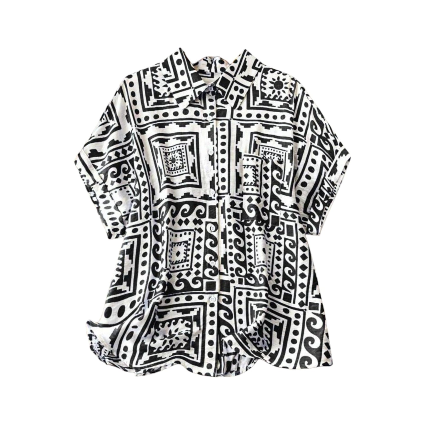 Gufrina WomenS Polyester Shirt With Pocket Half Raglan Sleeves Spread Collar Neck Geometric Printed Relaxed Fit And Standard Le
