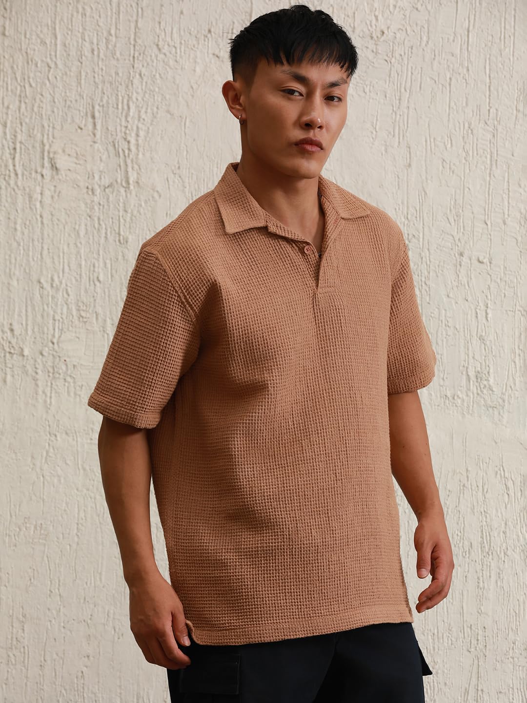 Hubberholme Brown Cotton Short Sleeves Polo Collar Oversized Tshirts