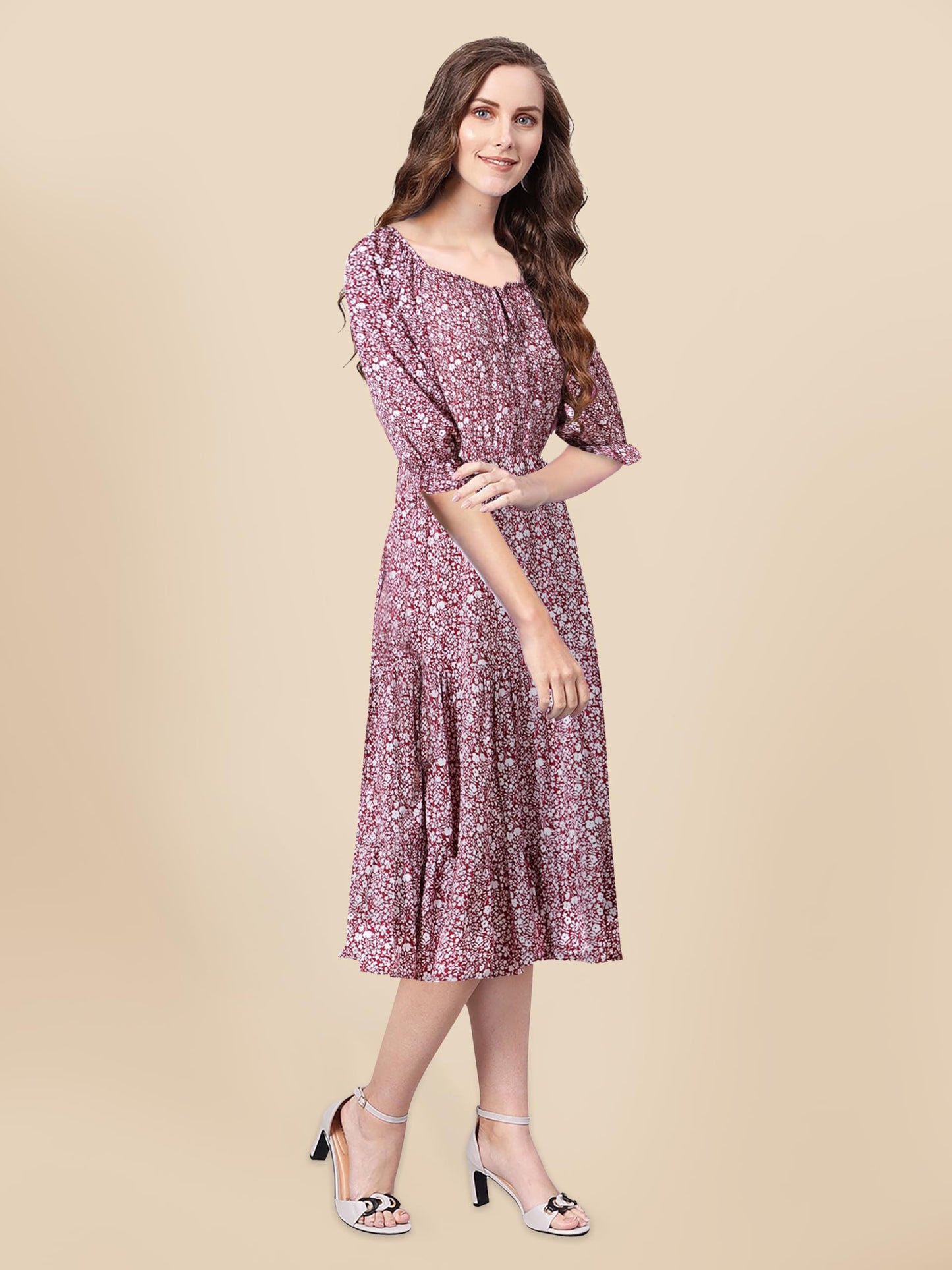 Toochki WomenS Maroon Muslin Floral Fit & Flared Western Dress | Dress For Women | A Line Dress | Winter Dress | Western Dress