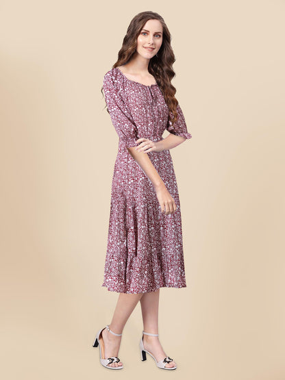 Toochki WomenS Maroon Muslin Floral Fit & Flared Western Dress | Dress For Women | A Line Dress | Winter Dress | Western Dress