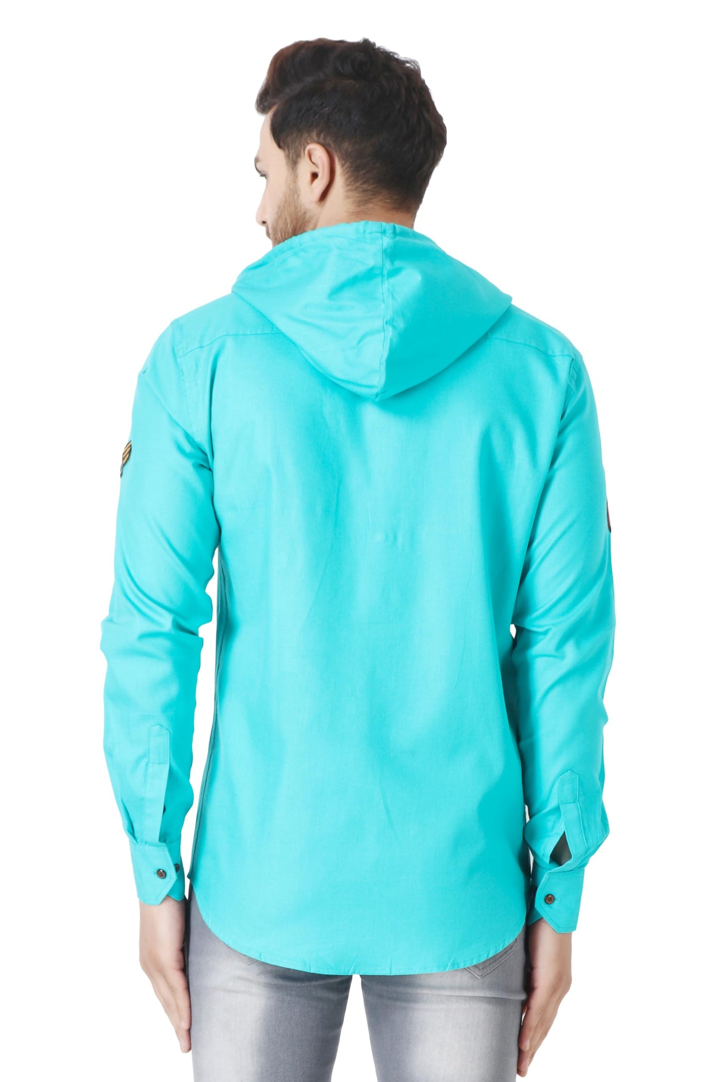 Besix MenS Green Tailored Fit Cotton Blend Shirt For Man With Hoodie - Casual Long Sleeve Shirt With Pockets - Patch Detail For
