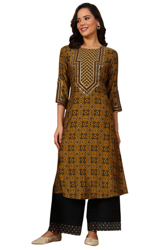 W for Woman Mustard Yellow Geometric Printed Sequined Straight Kurta