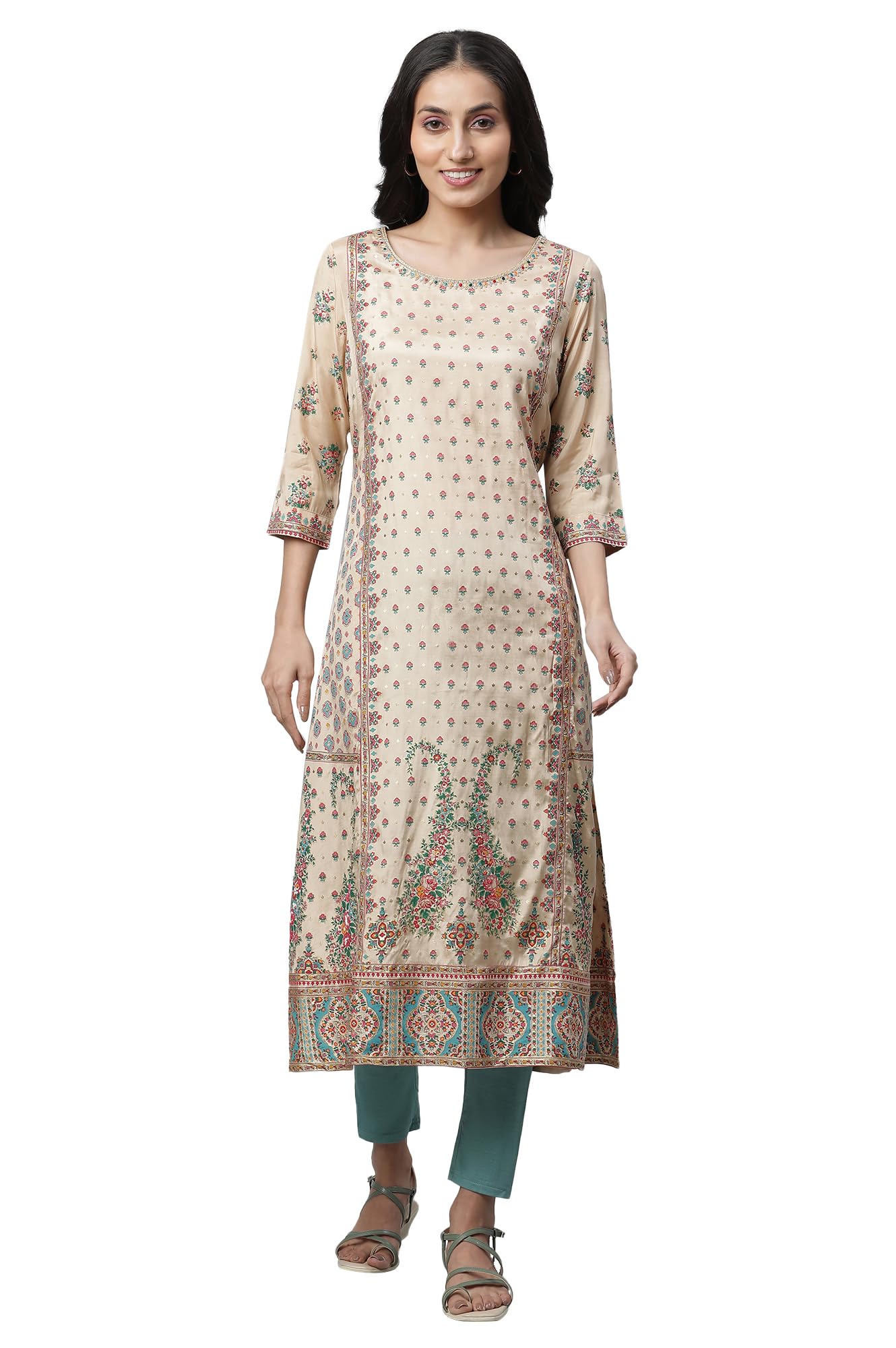 Aurelia Women's Irish Cream Floral Print Viscose Aline Kurta_23AUA13825-507134_XS