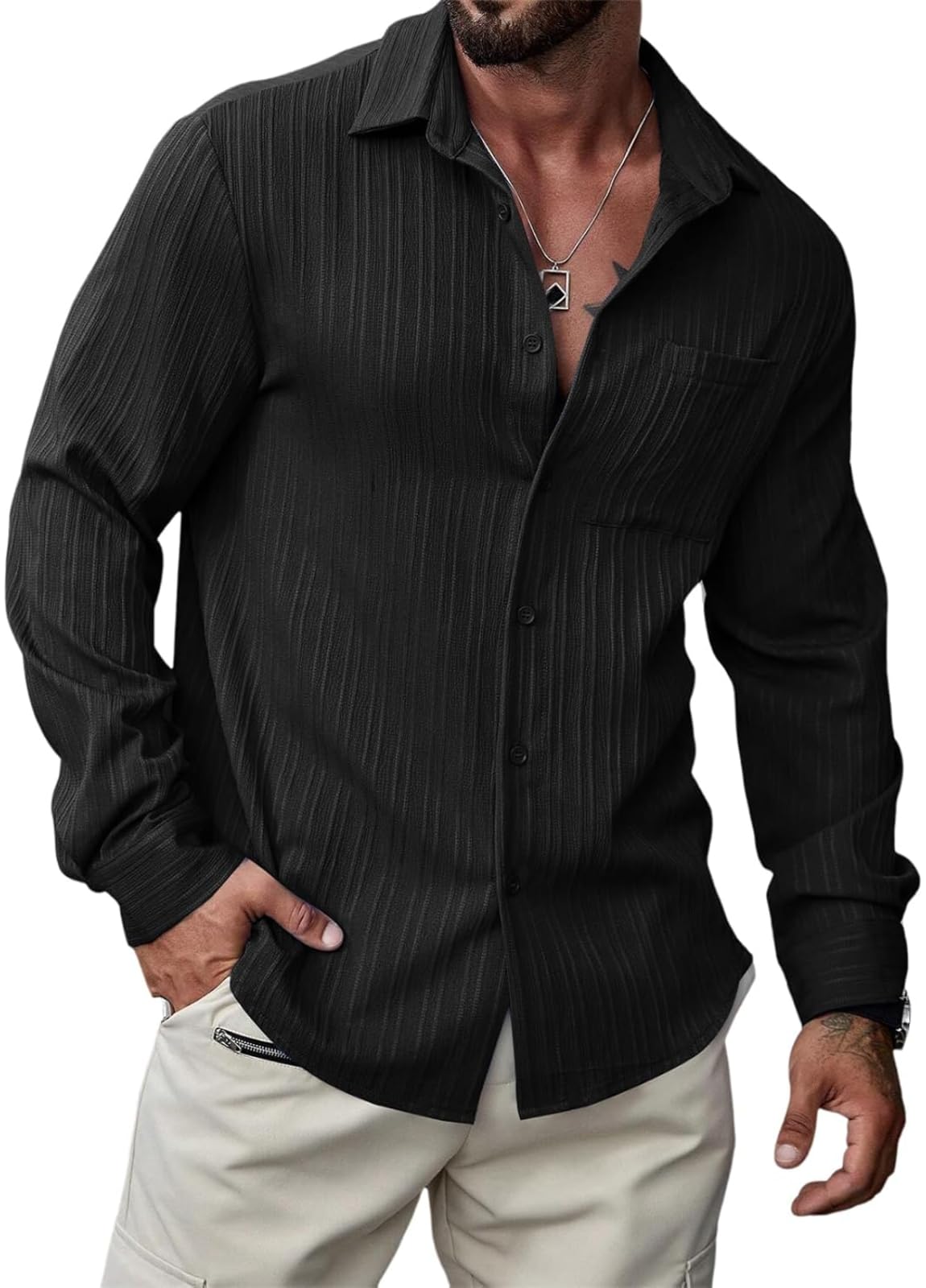 Deelmo MenS Regular Fit Button Down Dress Shirts Textured Long Sleeve Casual Hawaiian Beach Shirt With Pocket Black