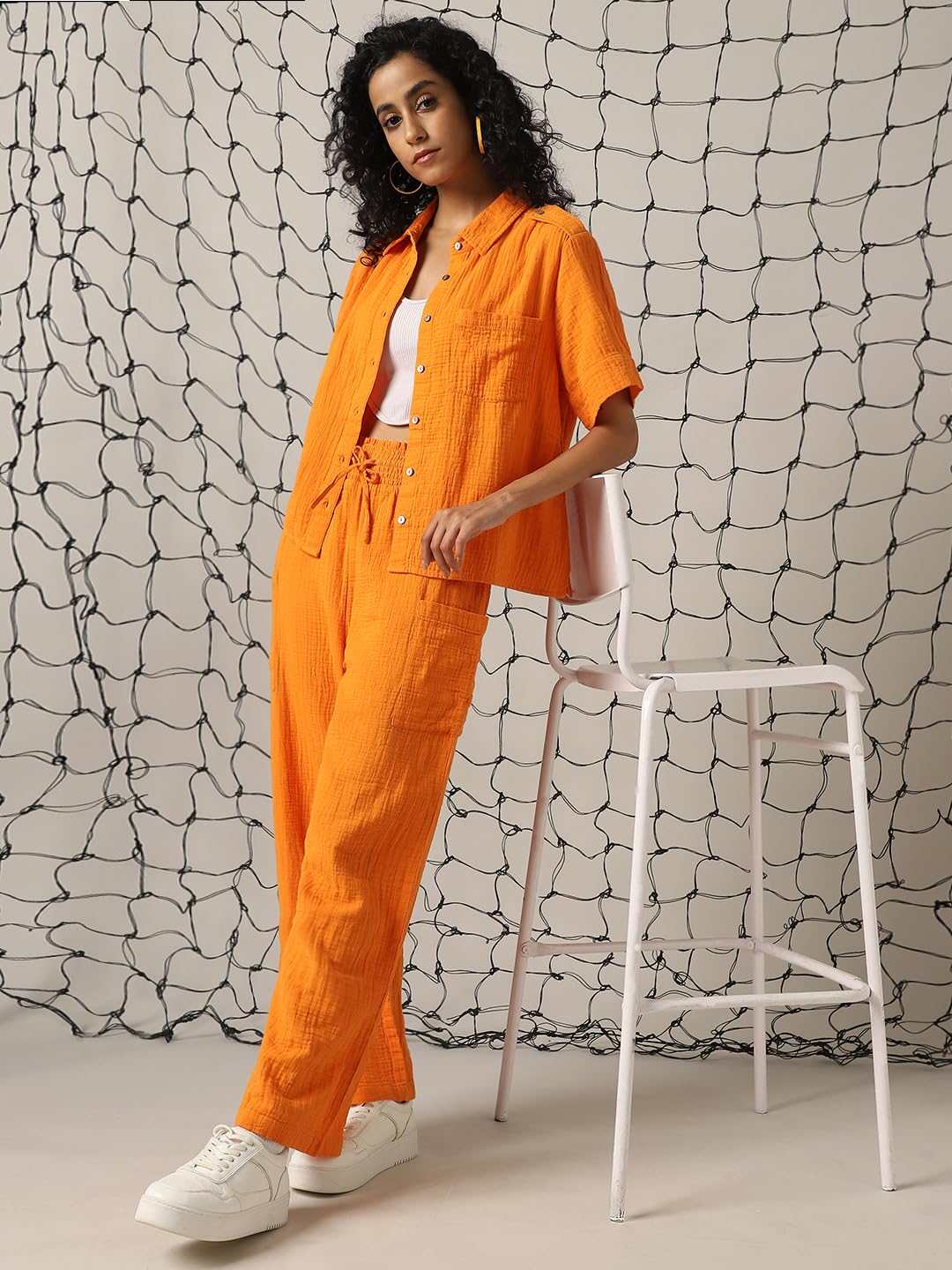 Hubberholme Women Cotton Solid Oversized Fit High-Rise Collar Half Sleeves Co-Ord