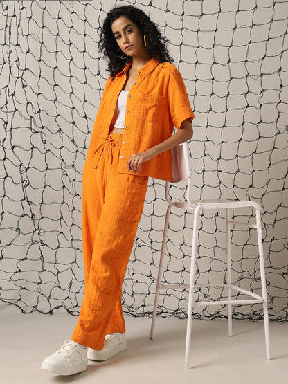 Hubberholme Women Cotton Solid Oversized Fit High-Rise Collar Half Sleeves Co-Ord