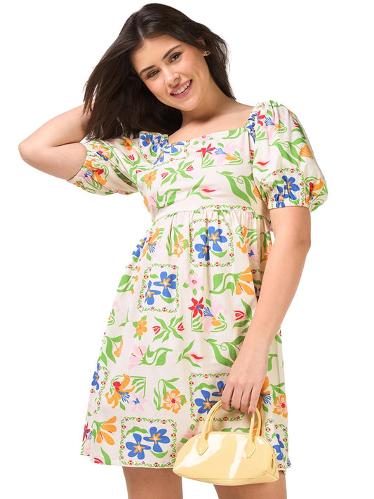 Bewakoof Womens All Over Printed Regular Fit Puff Sleeve Square Neck Poly Spandex Dress_683838_Beige_XS