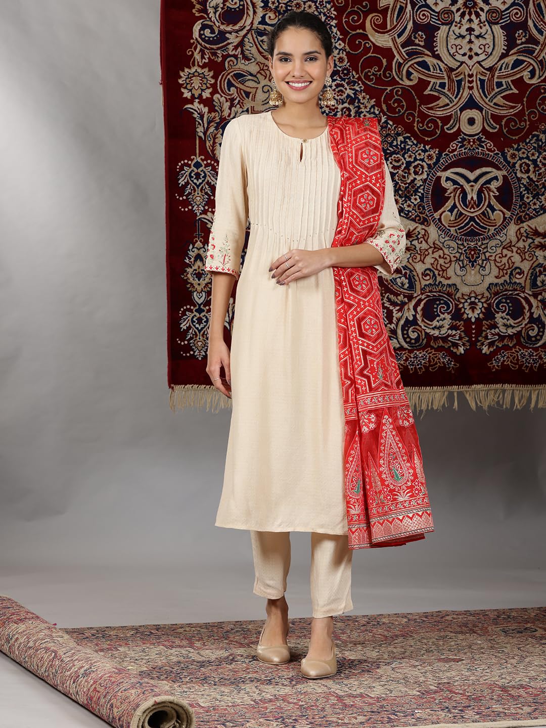Aurelia WomenS Solid A-Line Kurta Set With Palazzos And Dupatta For Women