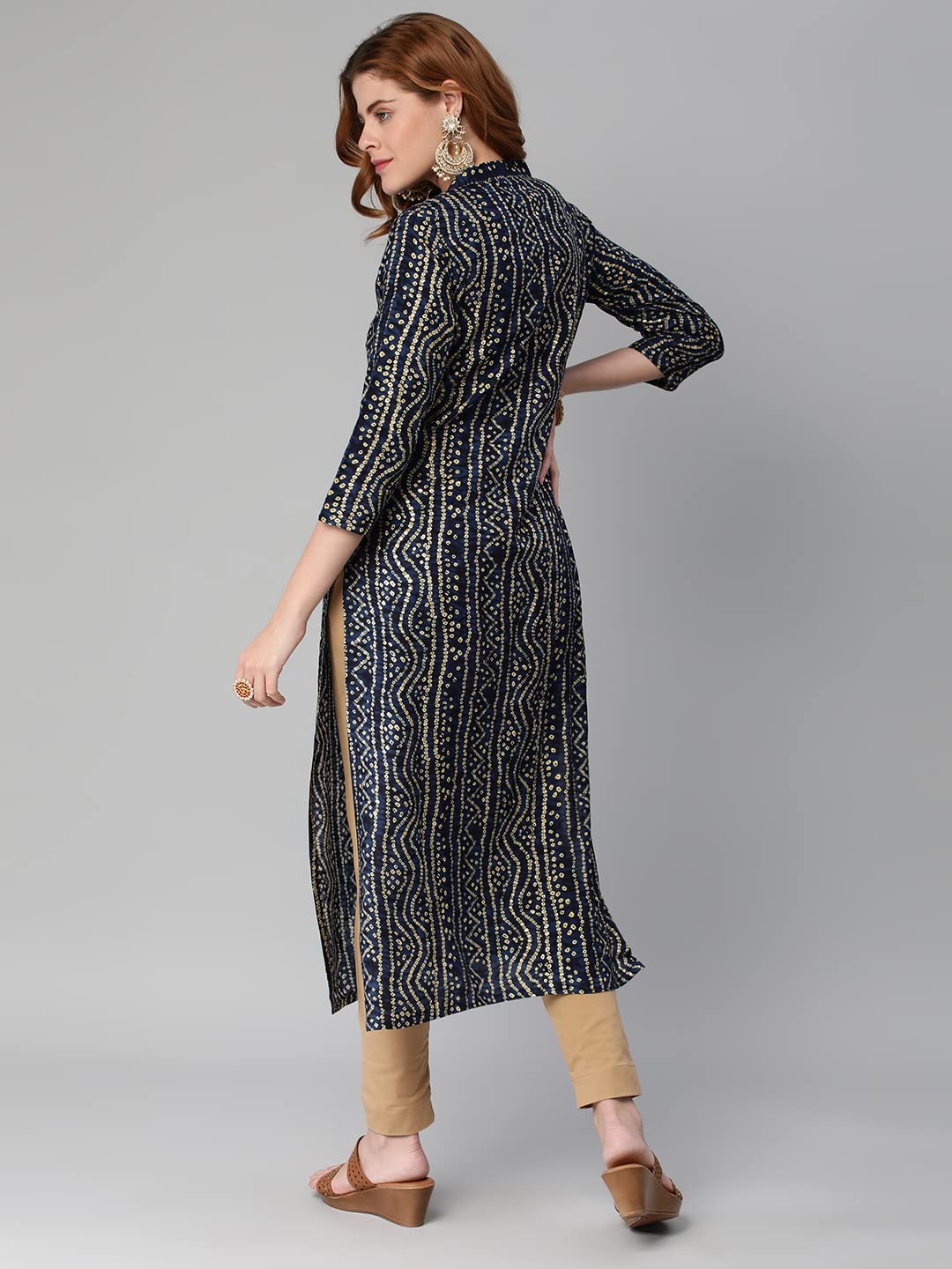GoSriKi Women's Pure Cotton Rayon Bandhani Printed with Embroidered Straight Kurta (Rugari-Blue-Jan42-GS)