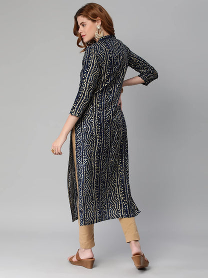 GoSriKi Women's Pure Cotton Rayon Bandhani Printed with Embroidered Straight Kurta (Rugari-Blue-Jan42-GS)