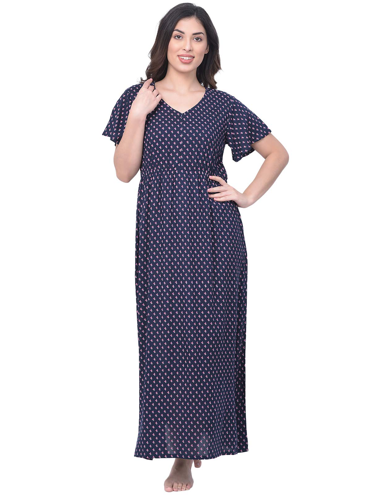 Clovia Womens Blended Printed Ankle Length Nightdress (Blue_S_NS1313P08S)