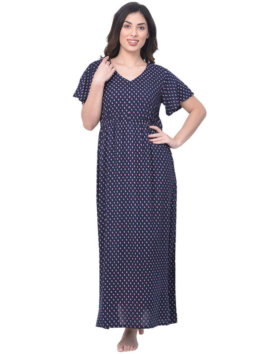 Clovia Womens Blended Printed Ankle Length Nightdress (Blue_S_NS1313P08S)