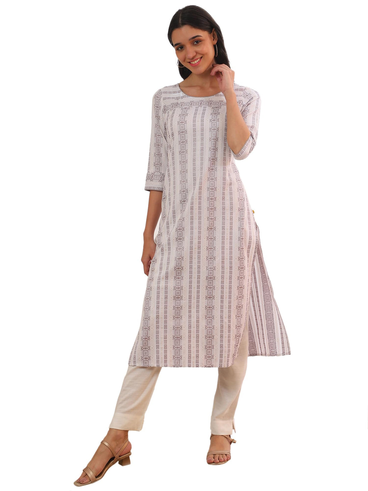 Aurelia Womens Grey Yarn Dyed Cotton Blend Straight Kurta (Size: S)-A15538-705568