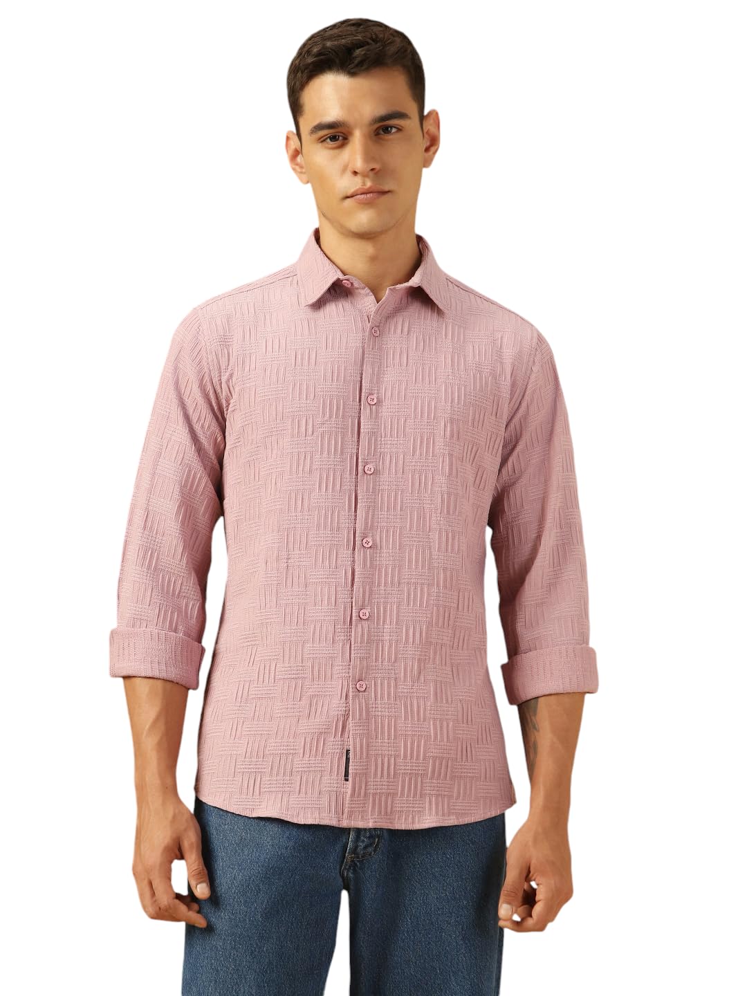 Dennis Lingo Men Regular Fit Cotton Solid Full Sleeves Spread Collar Shirt Pink