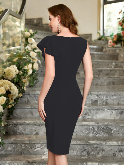 Shasmi GirlS & WomenS Asymmetrical Sleeve Ruffle Trim Cocktail Party Fitted One Piece Knee Length Midi Dress For Women Stylish