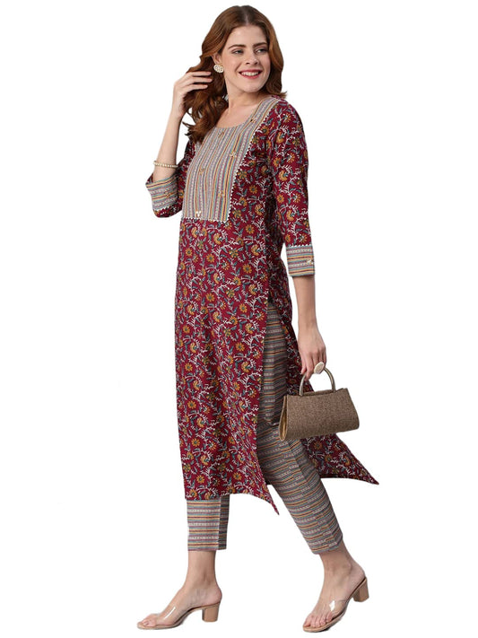ANNI DESIGNER Womens Cotton Blend Printed Straight Kurta and Pant (SHIVPURI-Maroon_S_Maroon_Small)