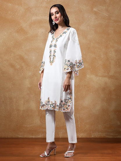 Varanga Floral Embroidered Pure Cotton Flared Sleeves V-Neck Straight Kurta With Trousers