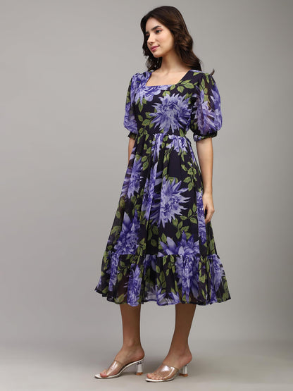 Shasmi Girls & Womens Chiffon Printed Midi Dress, Square Neck, Puff Sleeves, Navy Blue Floral Pattern, A-Line Summer Casual Dr