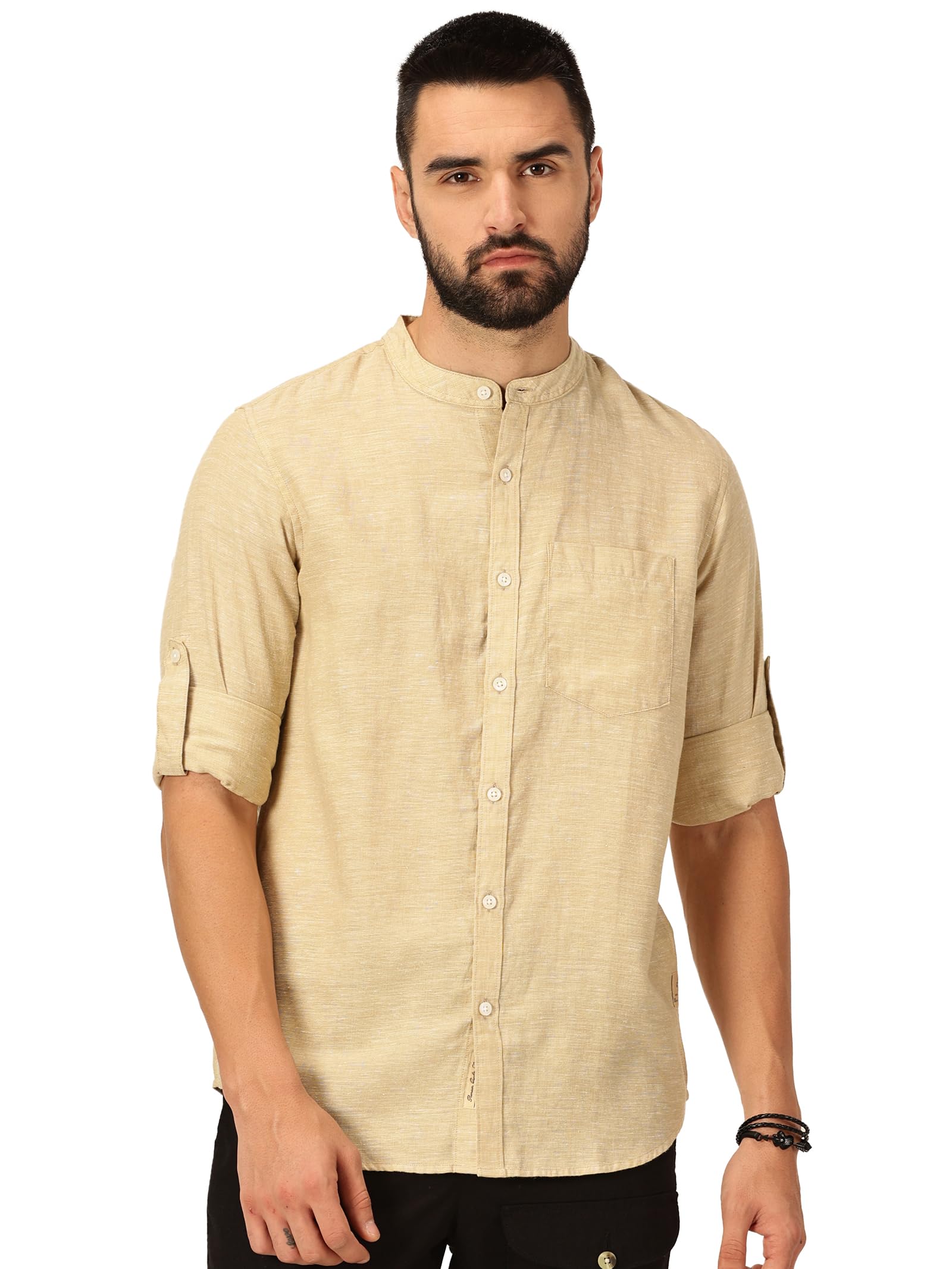 Thomas Scott Cotton Linen Mandarin Collar Roll Up Sleeve Casual Shirt for Mens Khaki