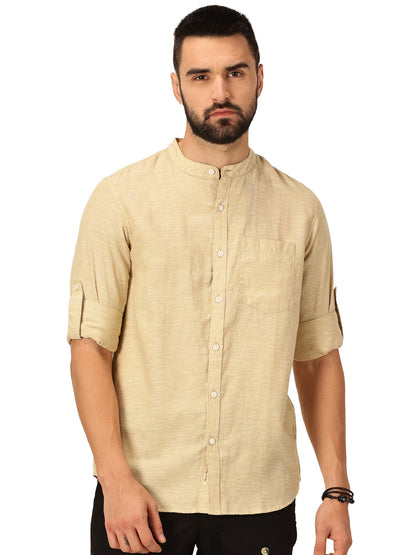 Thomas Scott Cotton Linen Mandarin Collar Roll Up Sleeve Casual Shirt for Mens Khaki