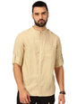 Thomas Scott Cotton Linen Mandarin Collar Roll Up Sleeve Casual Shirt for Mens Khaki