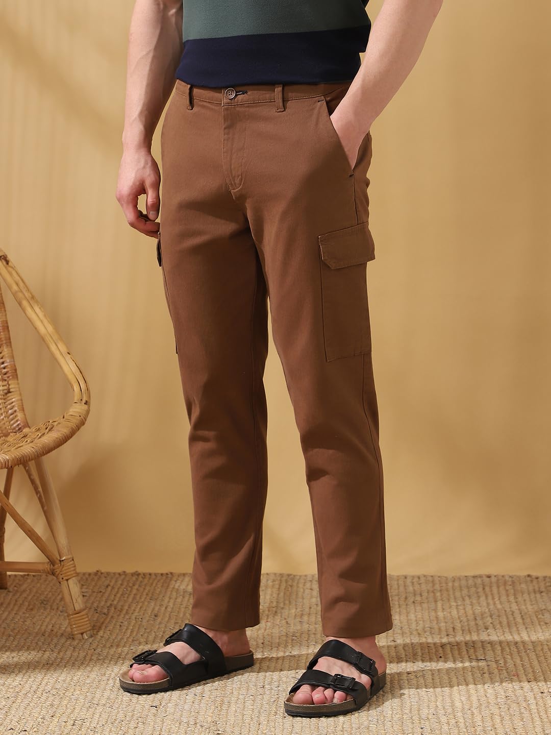 Dennis Lingo Men Brown Solid Straight Fit Cargo Trouser