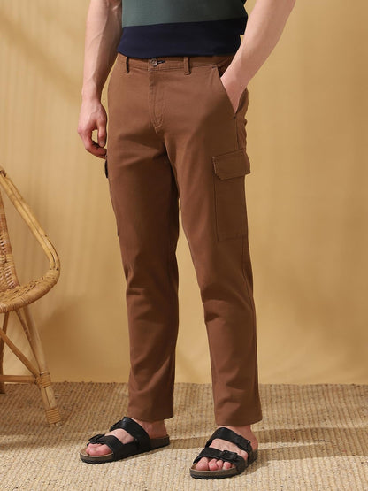 Dennis Lingo Men Brown Solid Straight Fit Cargo Trouser