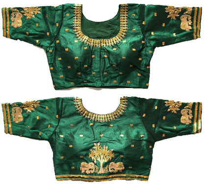 Pujia Mills WomenS Multicolor Phantom Silk Heavy Elephant Gold Thread Embroidery Sequins Zari Work Half Sleeves Readymade Saree