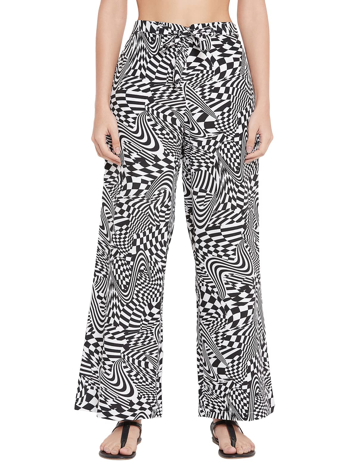 Clovia WomenS Crepe Print Me Pretty Flared Pants (Rw0042E18_White_Xs)