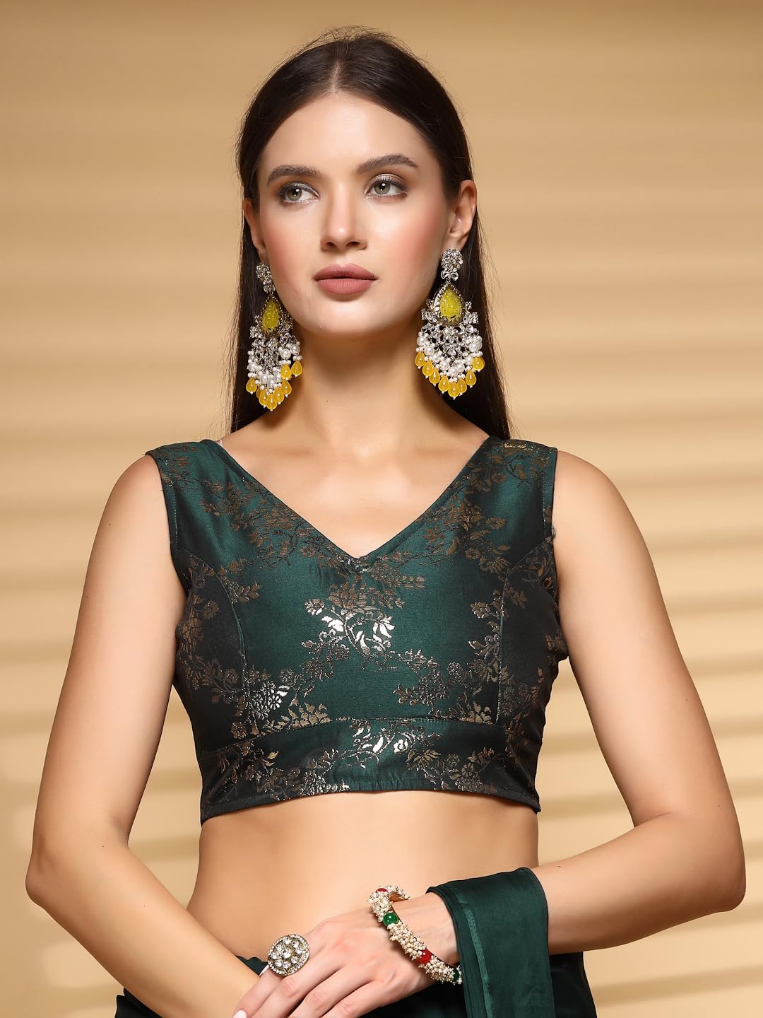 Oomph! WomenS Indian Ethnic Wear Designer Botanical Pattern Zari Work V Neck Sleeveless Forest Green Color Brocade Readymade Bl